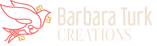 Barbara Turk Creations logo features a yarn-made dove with flowers.