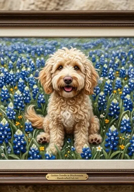 Golden doodle in bluebonnets made with needle felt